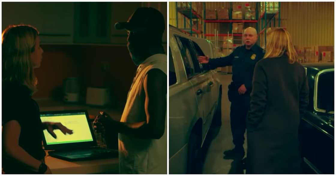 Photo of Mariana van Zeller speaking to a police Photo of Mariana van Zeller speaking to a police