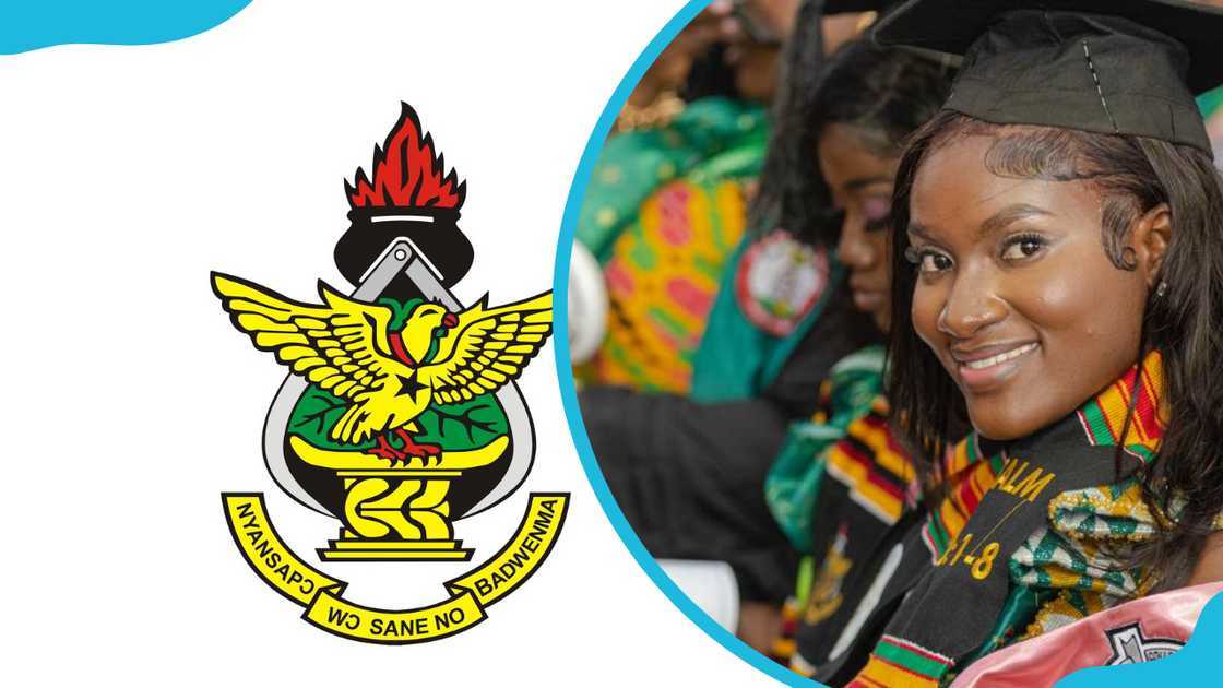 The Kwame Nkrumah University of Science and Technology logo and a graduating students