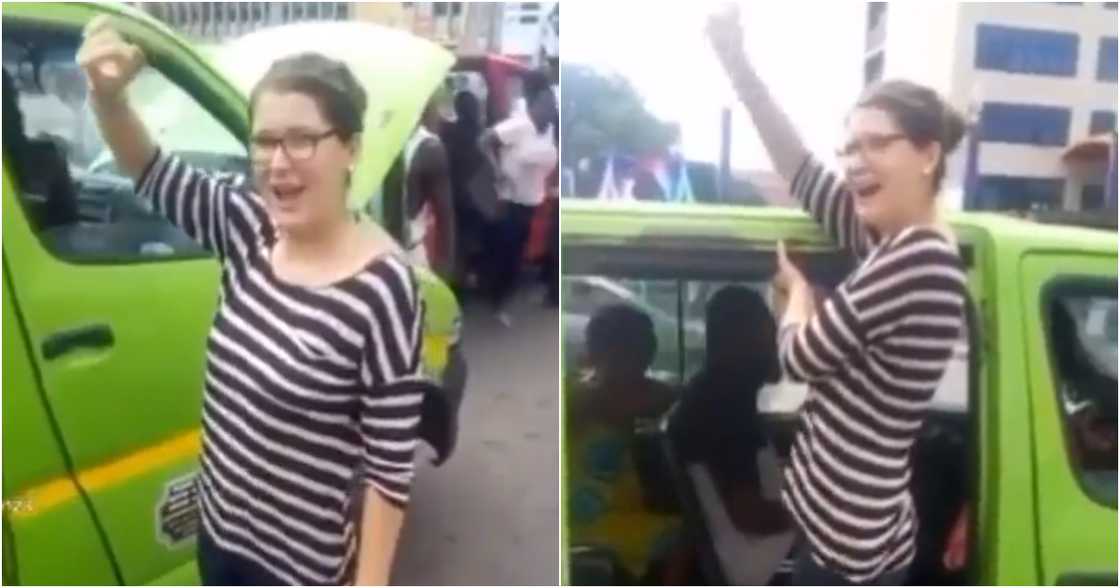 White lady serves as 'trotro' mate White lady serves as 'trotro' mate