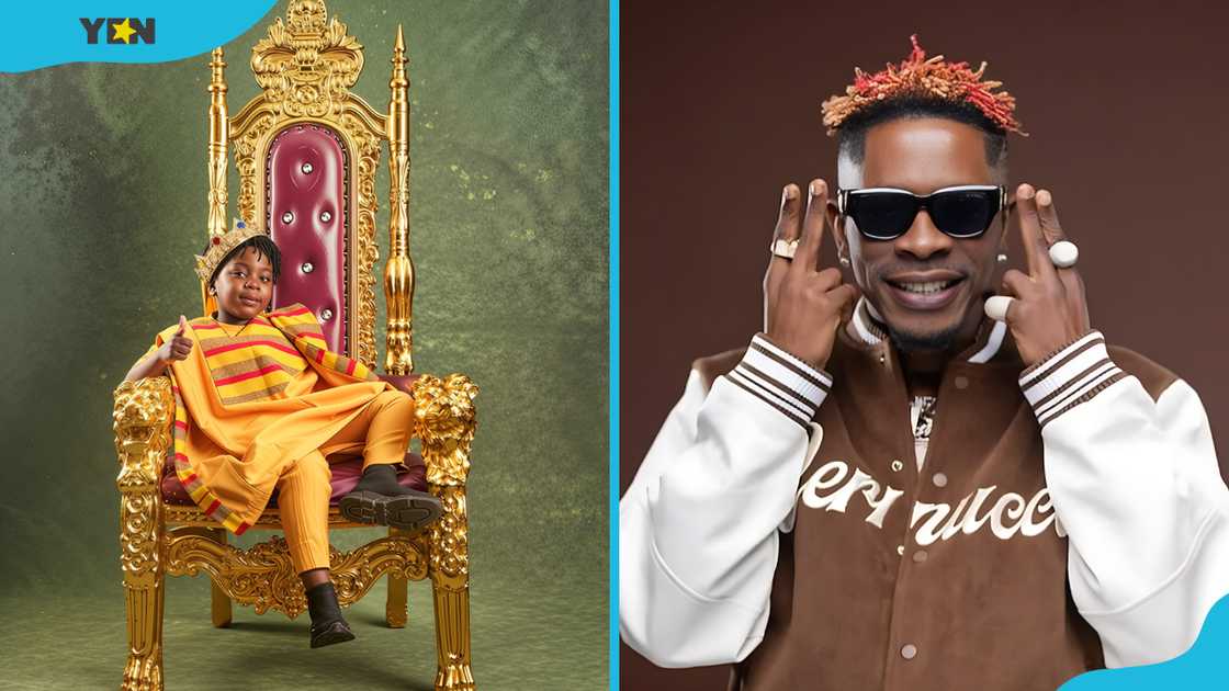 Majesty in royal kente on a throne (L); Shatta Wale in sunglasses and Versace jacket (R). Majesty in royal kente on a throne (L); Shatta Wale in sunglasses and Versace jacket (R).