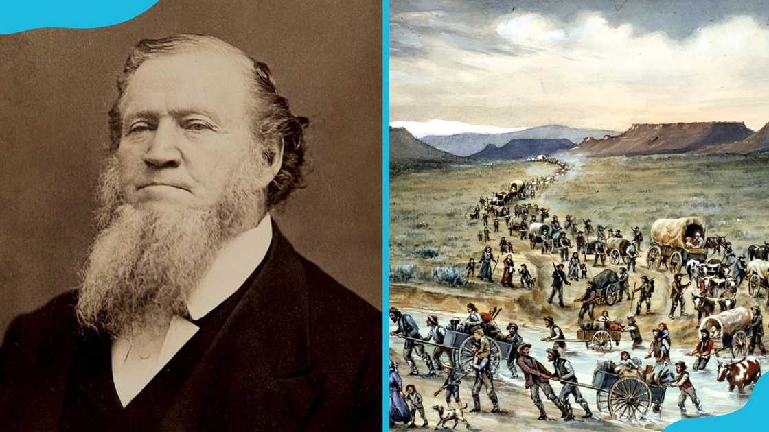 Brigham Young's portrait (L) and an illustration of the Mormon settlers relocating from Illinois to Utah (R) Brigham Young's portrait (L) and an illustration of the Mormon settlers relocating from Illinois to Utah (R)