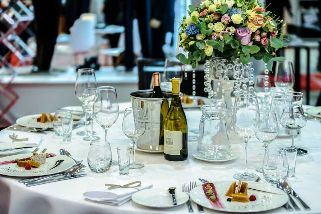 Dining table with food and drinks