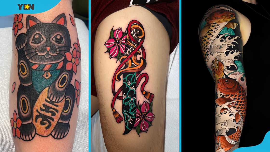 Traditional Japanese cat tattoo (L), Japanese dagger tattoo (M), and Japanese koi fish tattoo (R) Traditional Japanese cat tattoo (L), Japanese dagger tattoo (M), and Japanese koi fish tattoo (R)