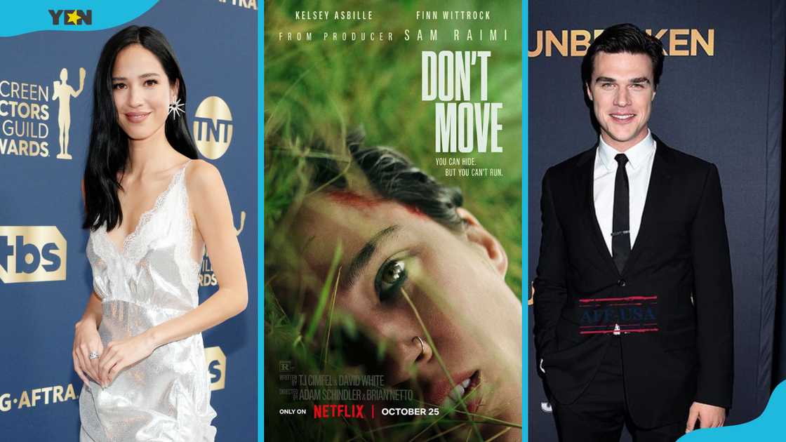 Kelsey Asbille (L), the Don't Move movie art (C), Finn Wittrock (R)