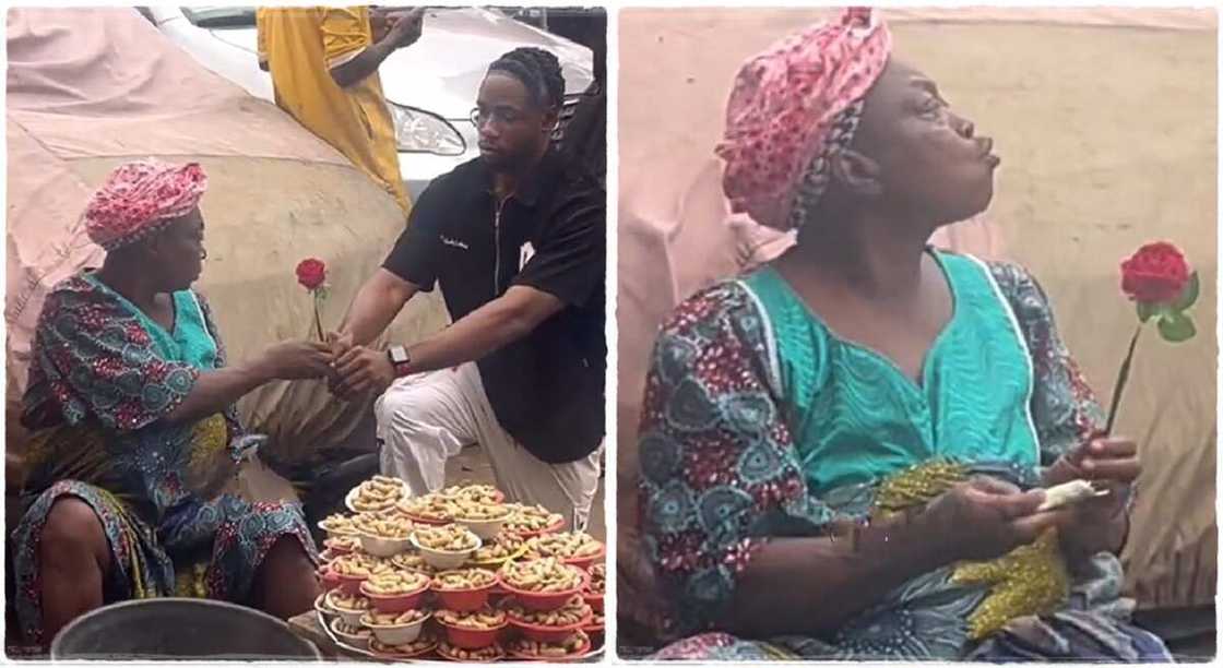 Old woman receives flower from a young man.