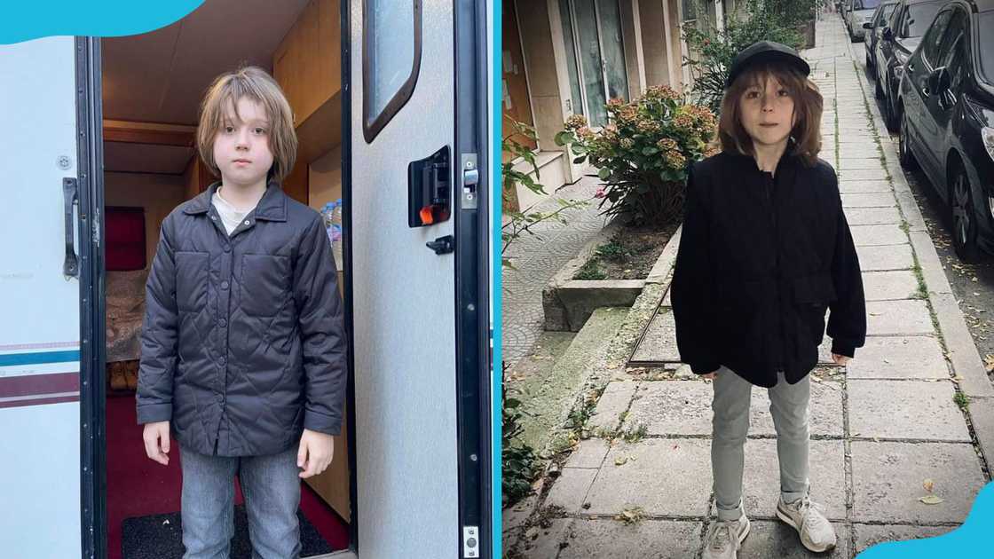 Skye Little Wing Dimov Saw poses on the doors of a trailer (L) and outdoors (R).