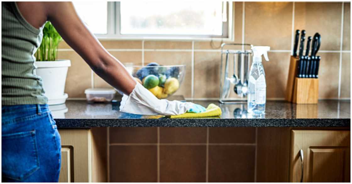 A woman cleans her kitchen to prevent flies