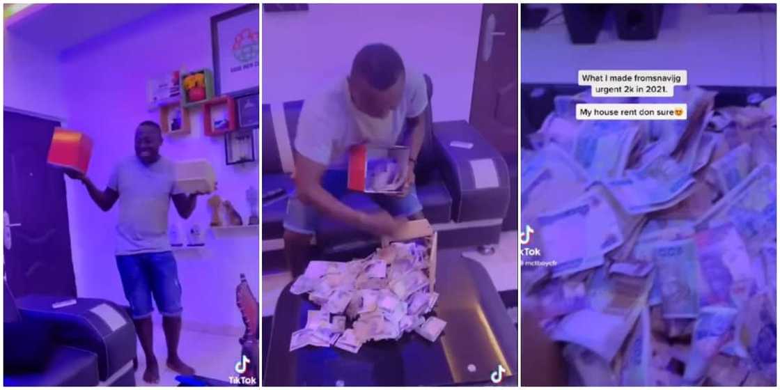 Na who get money dey save: Reactions as man breaks his piggy bank after saving 2k for a year, reveals heaps of cash