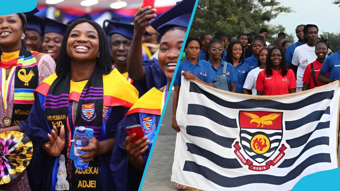 UCC graduates celebrate graduation (L). The students hold the university's flag during sports day (R). UCC graduates celebrate graduation (L). The students hold the university's flag during sports day (R).