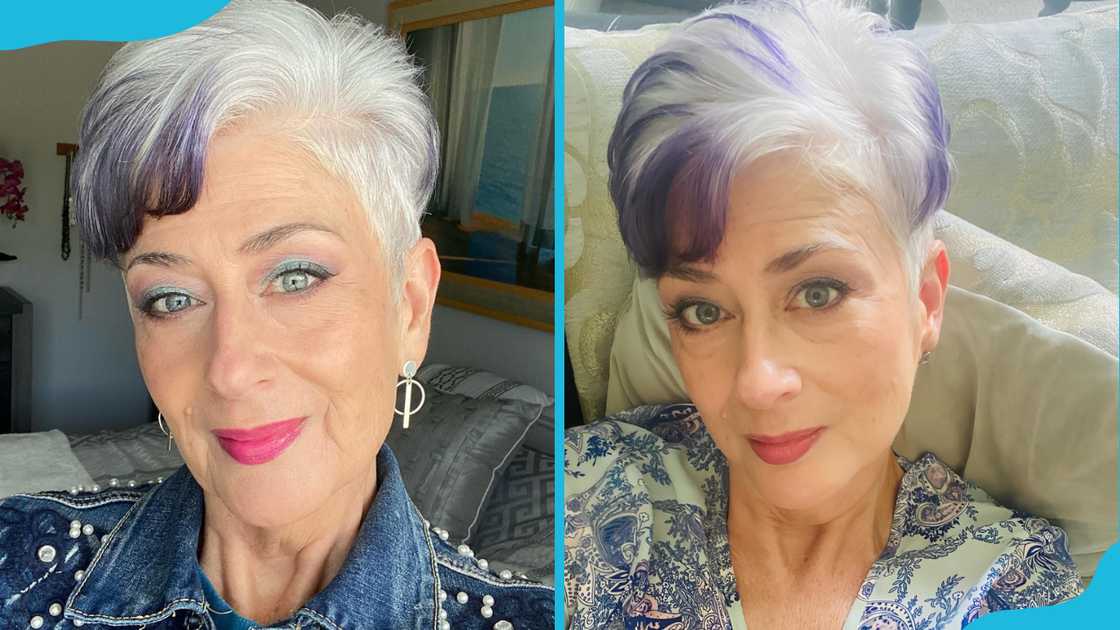 Contrasting pixie with purple highlights Contrasting pixie with purple highlights