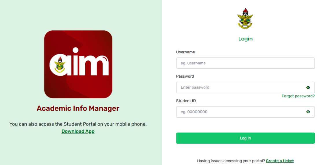 The KNUST student portal homepage