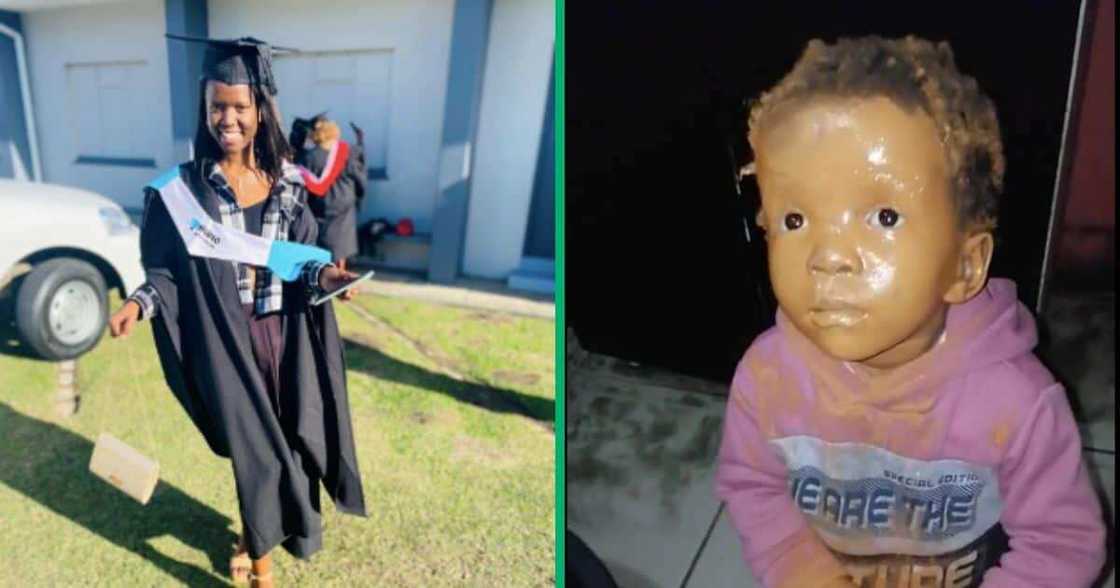 A young woman and her daughter with foundation on her face