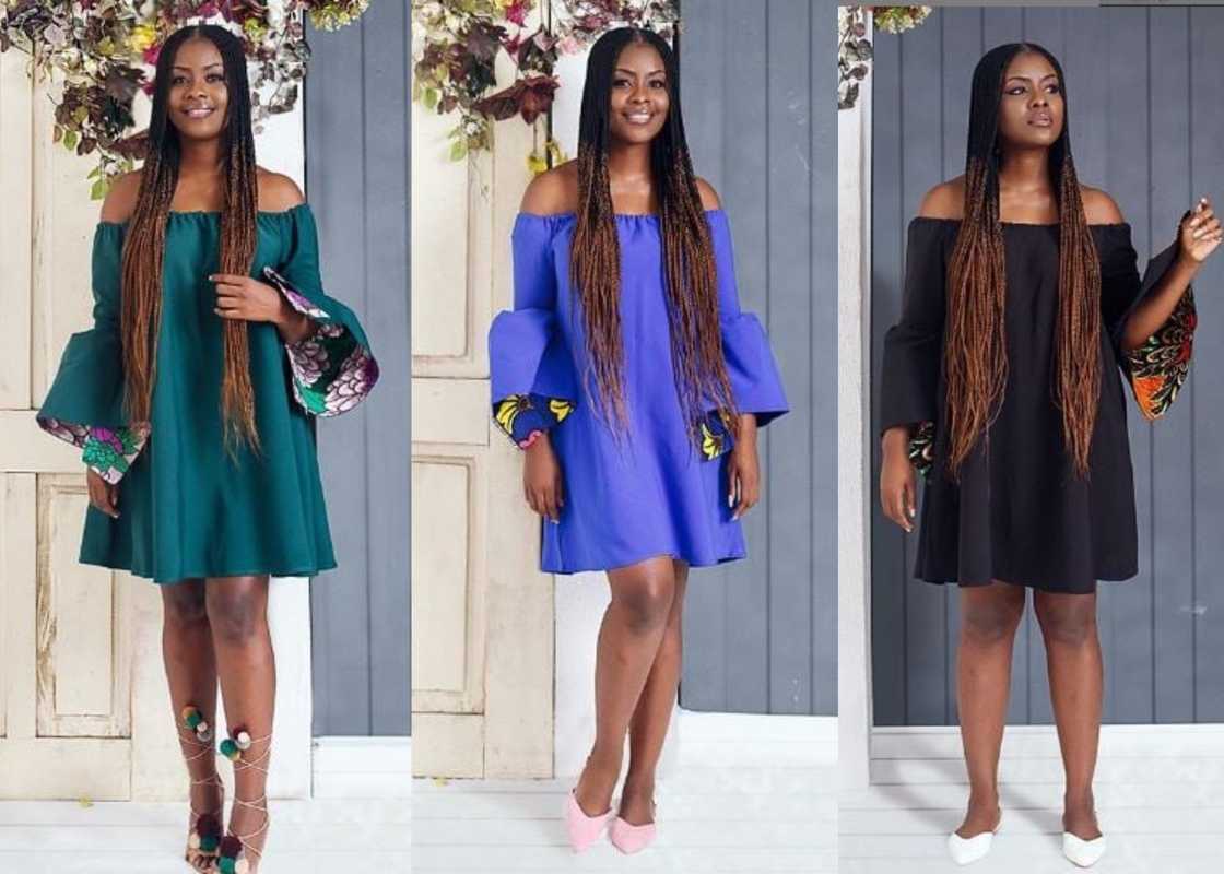 Girls wearing off-shoulder Ankara dresses Girls wearing off-shoulder Ankara dresses