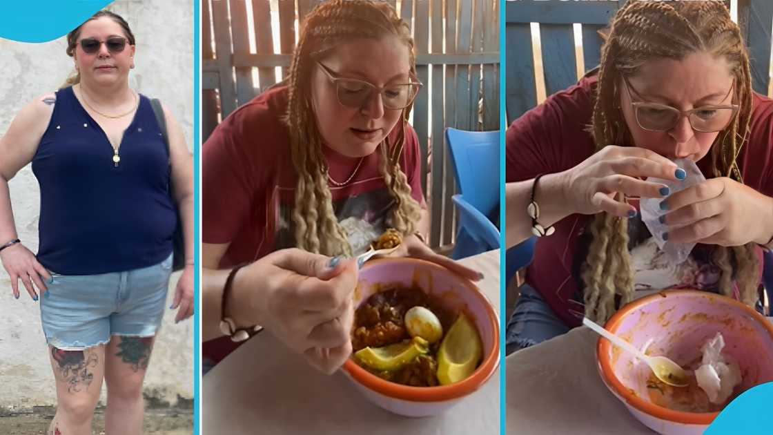 Gobɛ, gari and beans, American woman, local Ghanaian food, Ghana, Accra