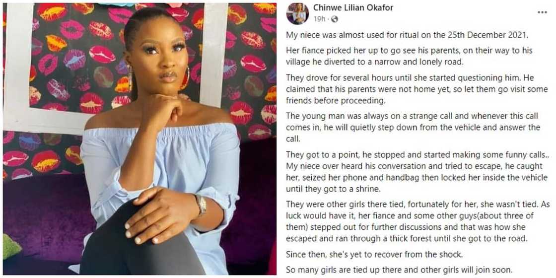 She ran through a thick forest: Nigerian lady escapes being used for rituals by her fiance on Christmas Day She ran through a thick forest: Nigerian lady escapes being used for rituals by her fiance on Christmas Day