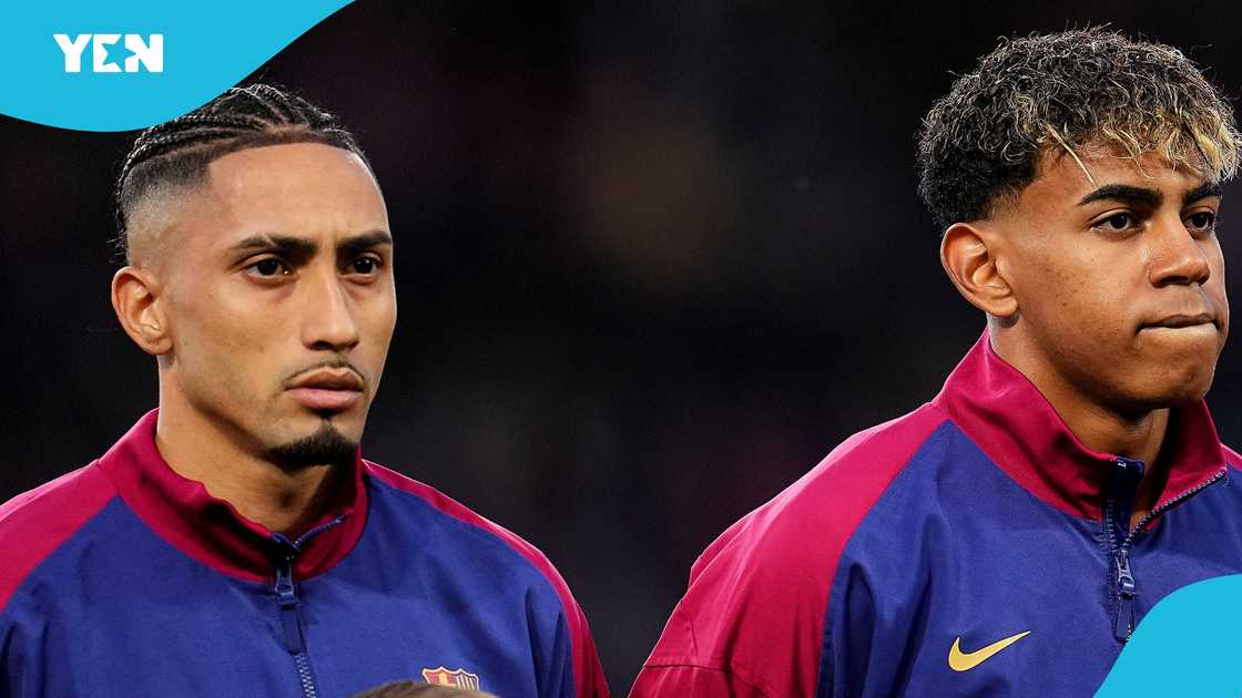 Lamine Yamal and Raphinha of FC Barcelona look on during the UEFA Champions League 2024/25 UEFA Champions League 2024/25 Round of 16 Second Leg match between FC Barcelona and SL Benfica at on March 11, 2025 Lamine Yamal and Raphinha of FC Barcelona look on during the UEFA Champions League 2024/25 UEFA Champions League 2024/25 Round of 16 Second Leg match between FC Barcelona and SL Benfica at on March 11, 2025