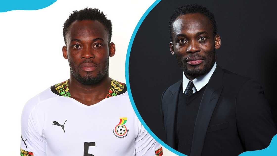 Michael Essien poses in the Ghana national team jersey (L) and at The Best FIFA Football Awards (R).