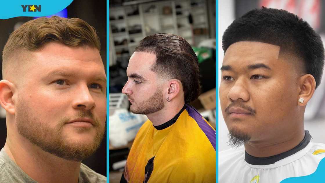 Wavy side swept hair (L), slick back hair (M), and low fade (R)