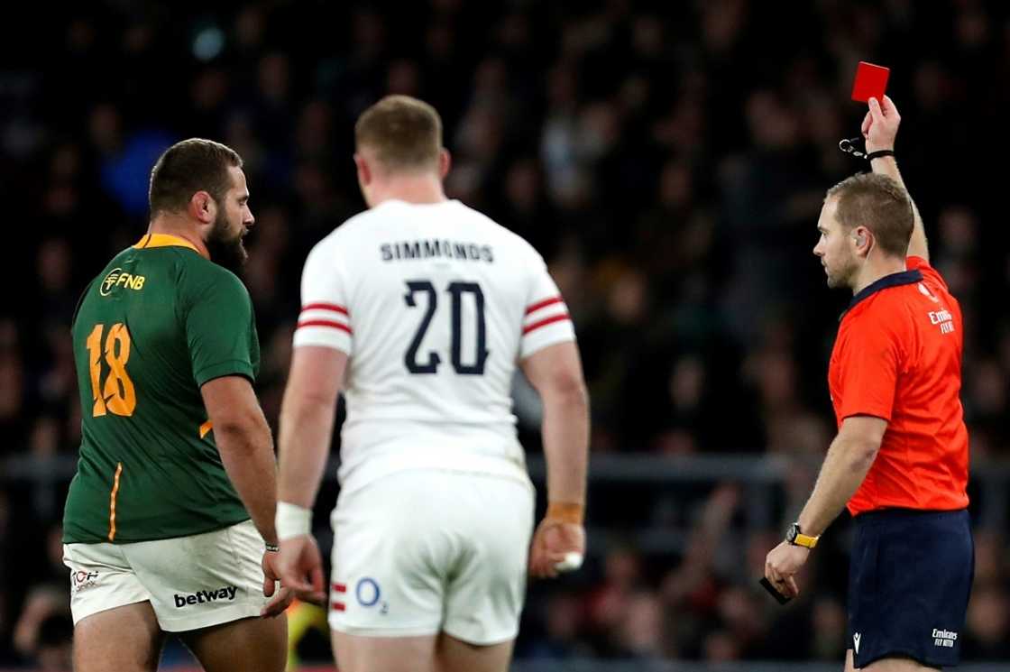 Sent-off Australian referee Angus Gardner (R) shows South Africa's Thomas du Toit (L) a red card Sent-off Australian referee Angus Gardner (R) shows South Africa's Thomas du Toit (L) a red card