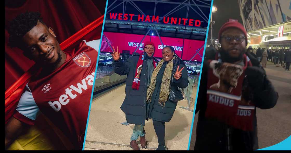 Mohammed Kudus, Kalybos and his wife at the West Ham United stadium Mohammed Kudus, Kalybos and his wife at the West Ham United stadium