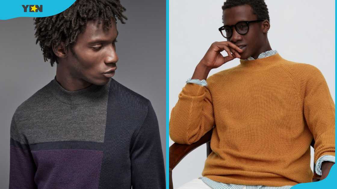 Two men wearing mock neck sweaters