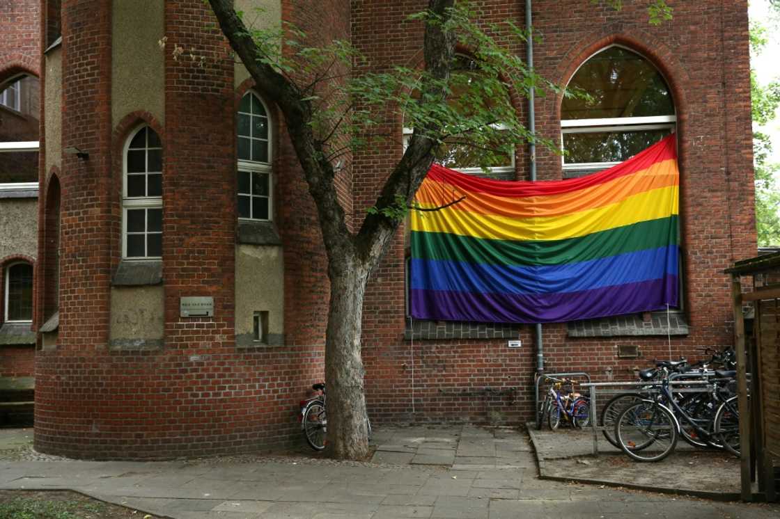 A rainbow flag hangs outside the Ibn Rushd-Goethe mosque in Berlin A rainbow flag hangs outside the Ibn Rushd-Goethe mosque in Berlin