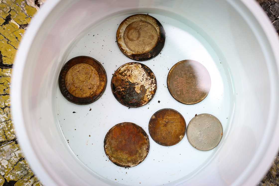 Rusty coins in a vinegar solution