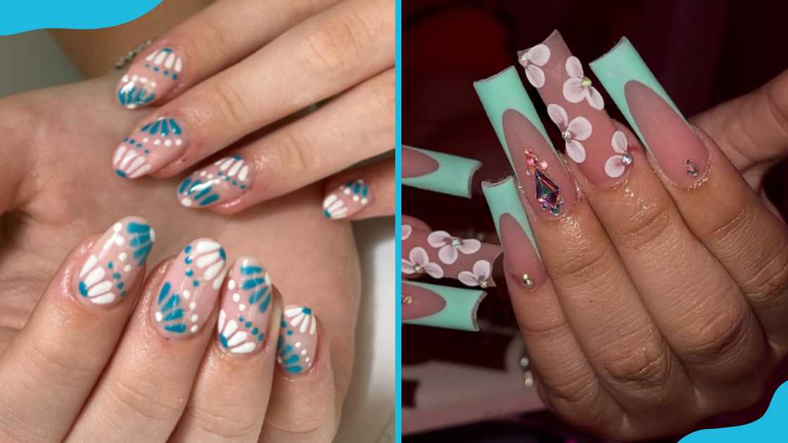 Teal and white floral nails Teal and white floral nails