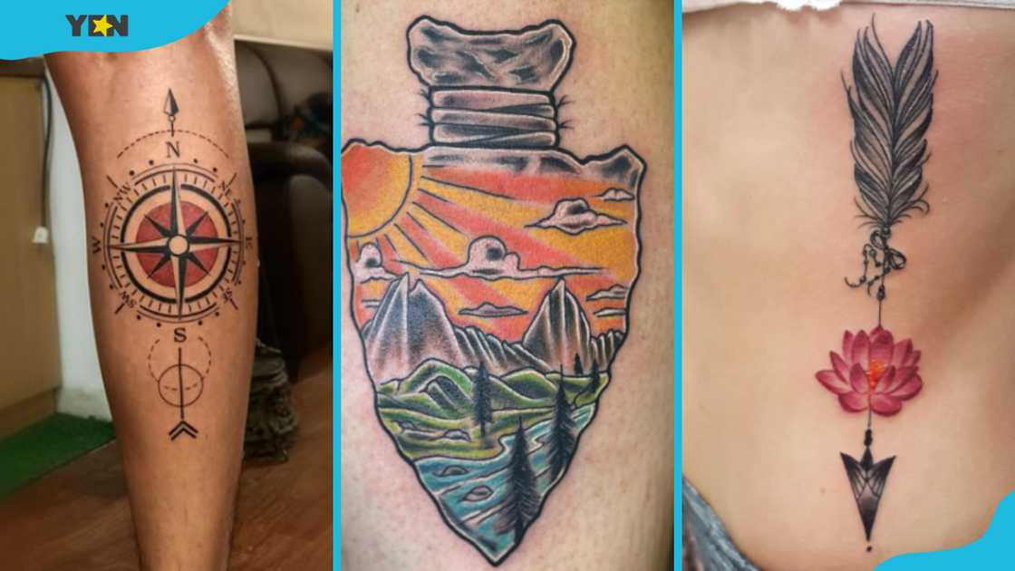 Four seasons and compass arrow tattoo (L), traditional arrowhead tattoo (M) and lotus flower and arrow tattoo (R) Four seasons and compass arrow tattoo (L), traditional arrowhead tattoo (M) and lotus flower and arrow tattoo (R)