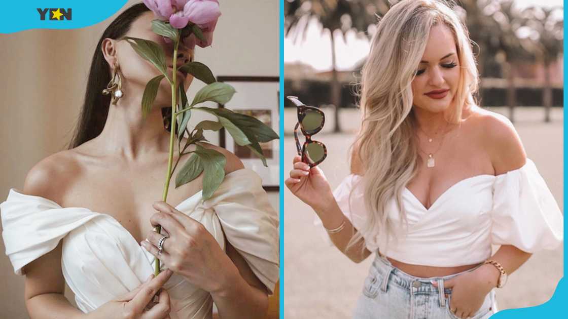 Ladies wearing white off-shoulder sleeved tops Ladies wearing white off-shoulder sleeved tops