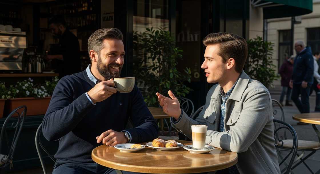 Two men chatting at an outdoor café