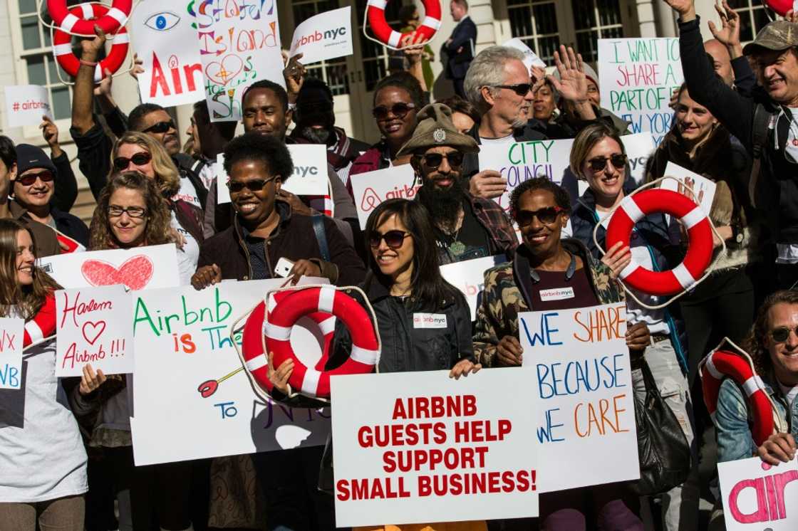Supporters of Airbnb gather in front of New York City Hall on October 30, 2023, to protest the new legal hurdles for short-term rentals Supporters of Airbnb gather in front of New York City Hall on October 30, 2023, to protest the new legal hurdles for short-term rentals