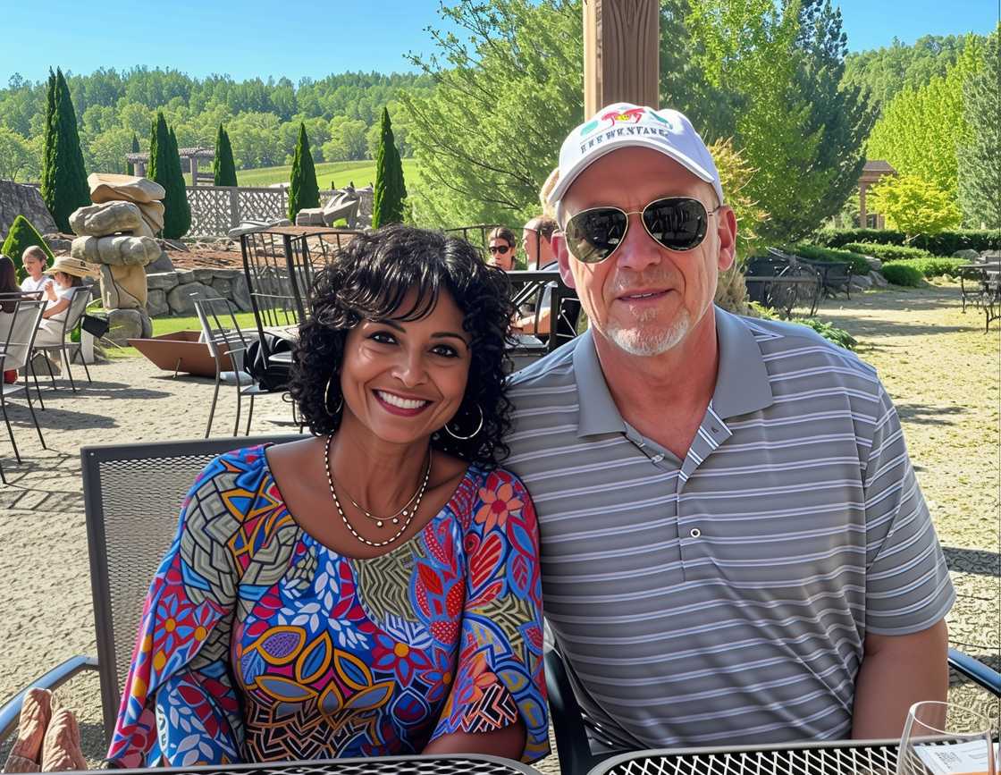 Madison Alworth’s parents seated outdoors at a restaurant with scenic views. Madison Alworth’s parents seated outdoors at a restaurant with scenic views.