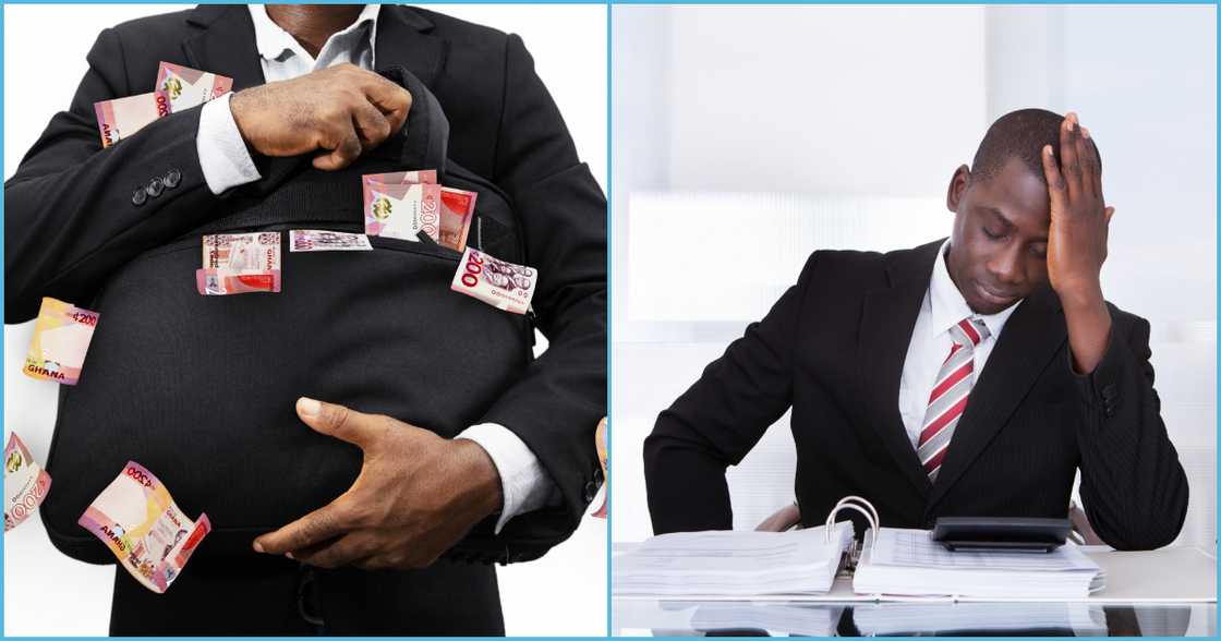 Photo of man cedis in his bag and an unhappy man Photo of man cedis in his bag and an unhappy man