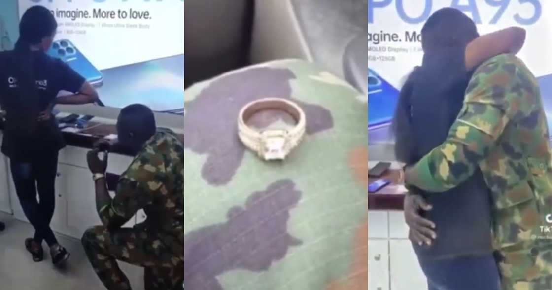 Military man storms girlfriend's workplace to propose to her with a beautiful ring in a video Military man storms girlfriend's workplace to propose to her with a beautiful ring in a video