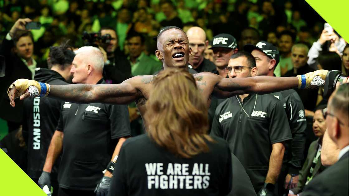 Israel Adesanya during his entrance before his fight against Dricus Du Plessis. Israel Adesanya during his entrance before his fight against Dricus Du Plessis.