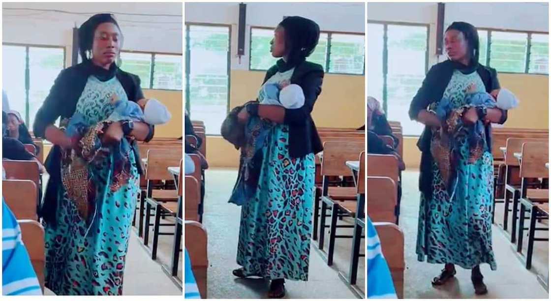 Photos of an invigilator caring for a baby inside examination hall. Photos of an invigilator caring for a baby inside examination hall.