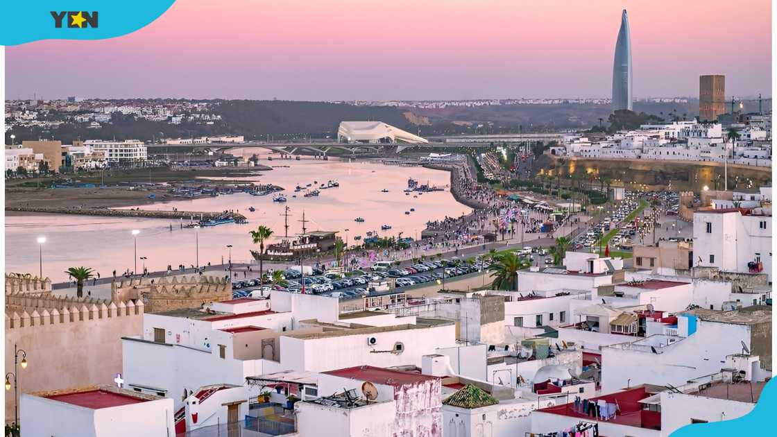 Aerial view of some parts of Morocco's capital city at sunset.