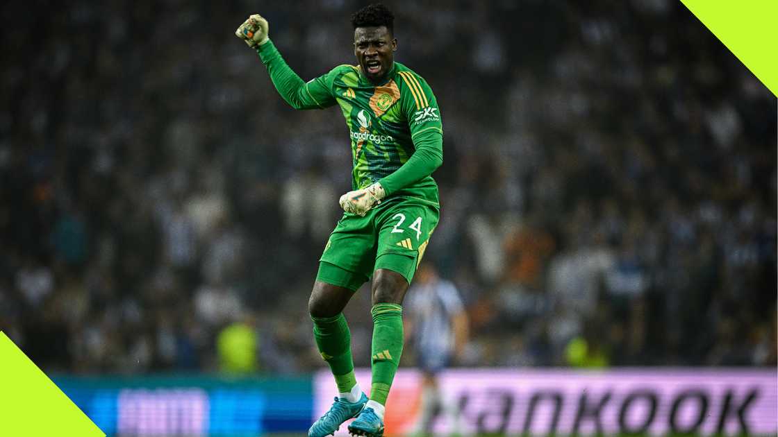 Andre Onana celebrates Manchester United's late equaliser against Porto in the Europa League. Andre Onana celebrates Manchester United's late equaliser against Porto in the Europa League.