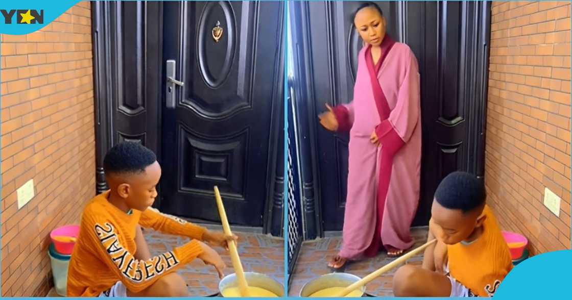 Photo of Ghanaian actress Akuapem Poloo looking on as her son prepares a meal