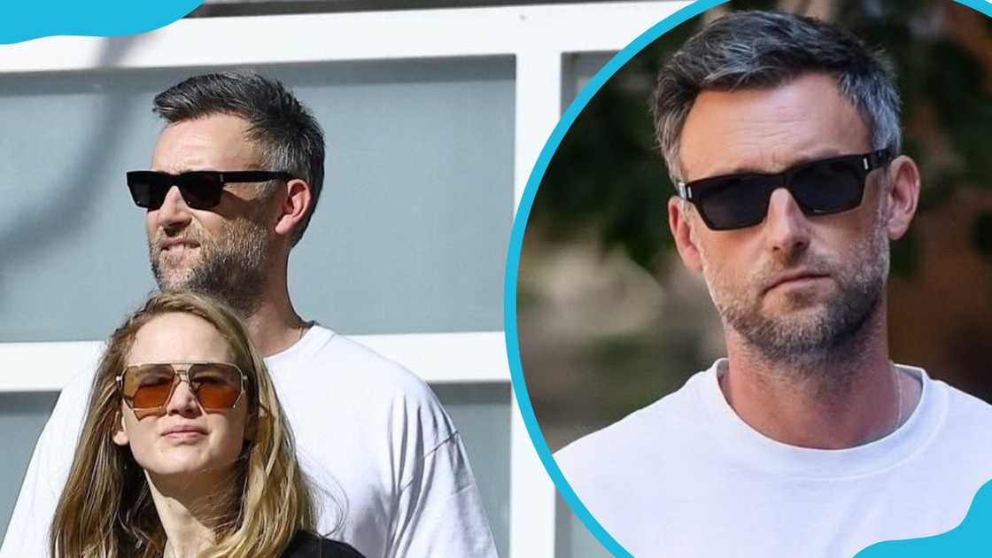 Cooke Maroney and Jennifer Lawrence pose in Beverly Hills (L). Cooke walks down a footpath (R) Cooke Maroney and Jennifer Lawrence pose in Beverly Hills (L). Cooke walks down a footpath (R)