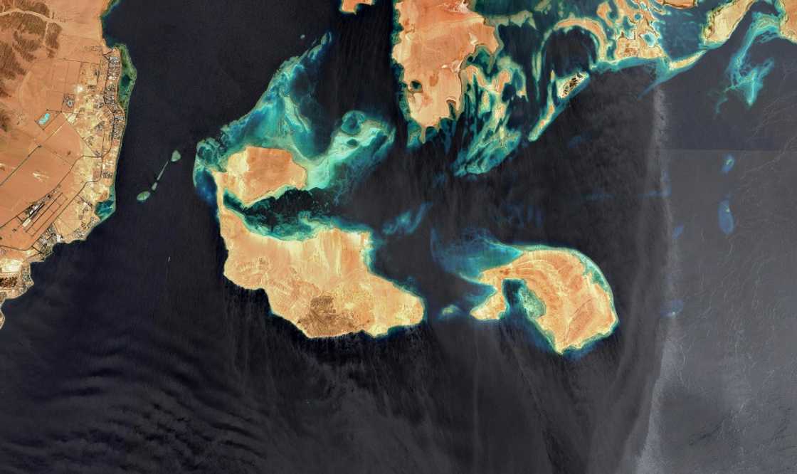 This handout satellite image made available by the European Space Agency and captured by the Copernicus Sentinel-2 mission on July 9, 2022 shows the islands of Tiran and Sanafir