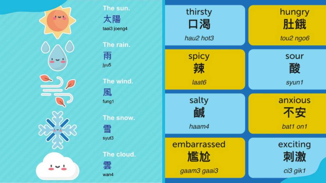 Cantonese nouns and verbs and their English translations