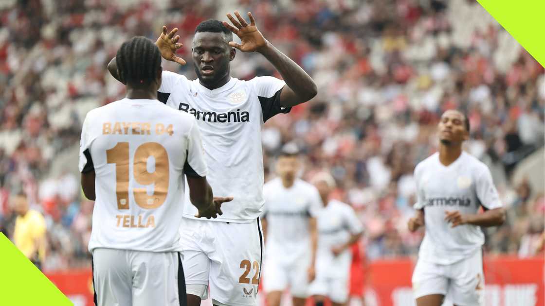 Nathan Tella celebrates with Victor Boniface Nathan Tella celebrates with Victor Boniface