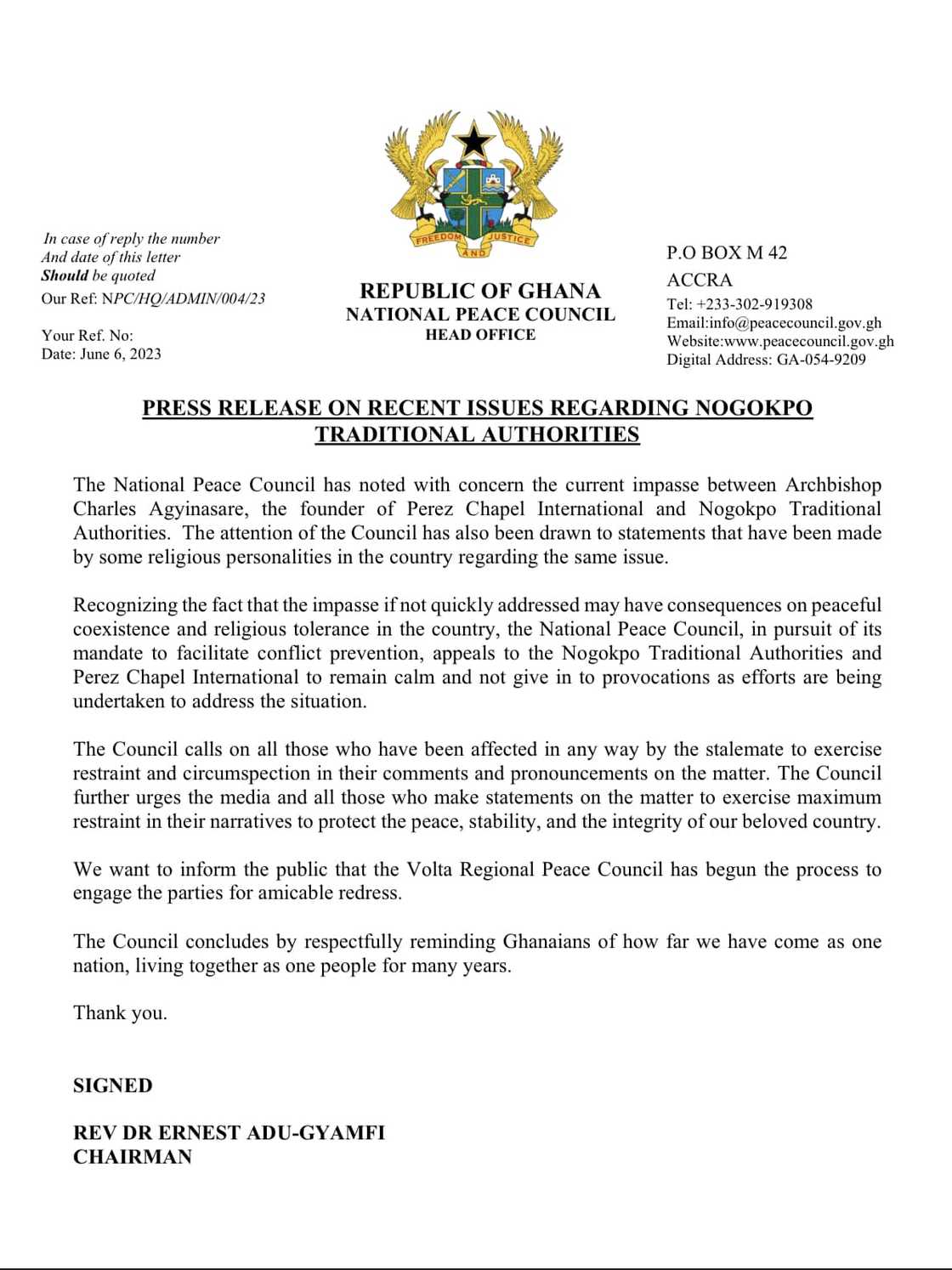 National Peace Council is urging peace in the Nogokpo saga.