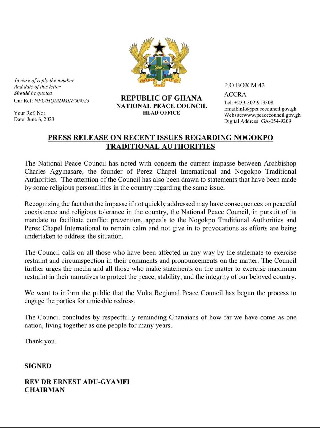 National Peace Council is urging peace in the Nogokpo saga. National Peace Council is urging peace in the Nogokpo saga.