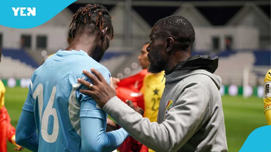 Goalkeeper Benjamin Asare takes advice from Fatau Dauda during Ghana's 2026 World Cup qualifier against Madagascar. Goalkeeper Benjamin Asare takes advice from Fatau Dauda during Ghana's 2026 World Cup qualifier against Madagascar.