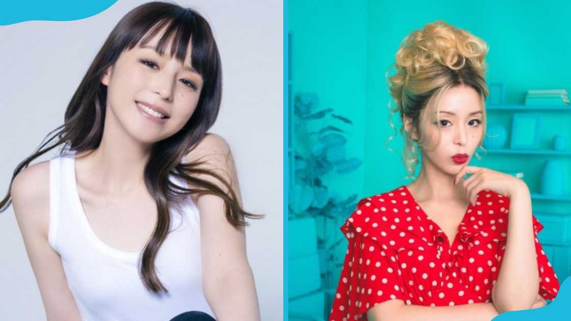 Aya Hirano poses for a photo (L). She is in a room (R) Aya Hirano poses for a photo (L). She is in a room (R)