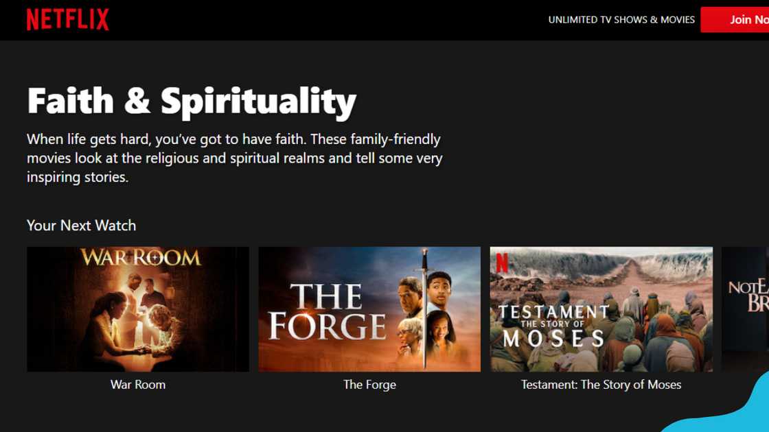 The "Faith & Spirituality" section on Netflix The "Faith & Spirituality" section on Netflix