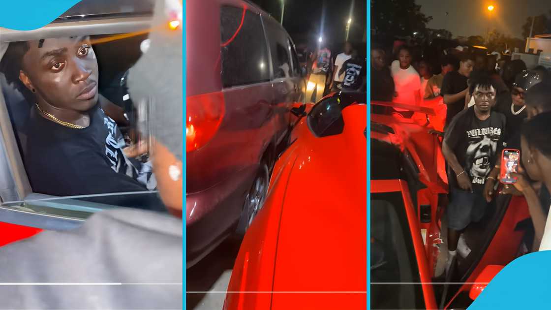 Kweku Smoke, Corvette, Kweku Smoke's Corvette, Kweku Smoke's Corvette damaged, Ghana rapper, Legon Pent Hall Walk Kweku Smoke, Corvette, Kweku Smoke's Corvette, Kweku Smoke's Corvette damaged, Ghana rapper, Legon Pent Hall Walk